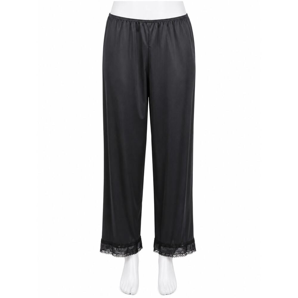 Black Adonna Nylon Slip Pants Lace Trim Lingerie Lounge Wide Leg Boho Size L